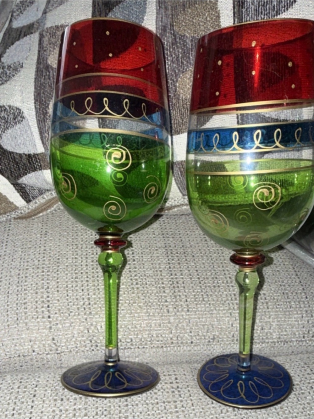 Pier 1 Red, Green & Blue Hand-Painted Wine Glasses